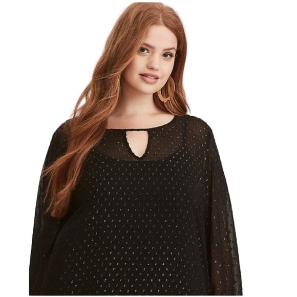 Torrid Black & Gold Foil Textured Dot Chiffon Bell Sleeve Sheer Top Size 0X - Picture 4 of 10